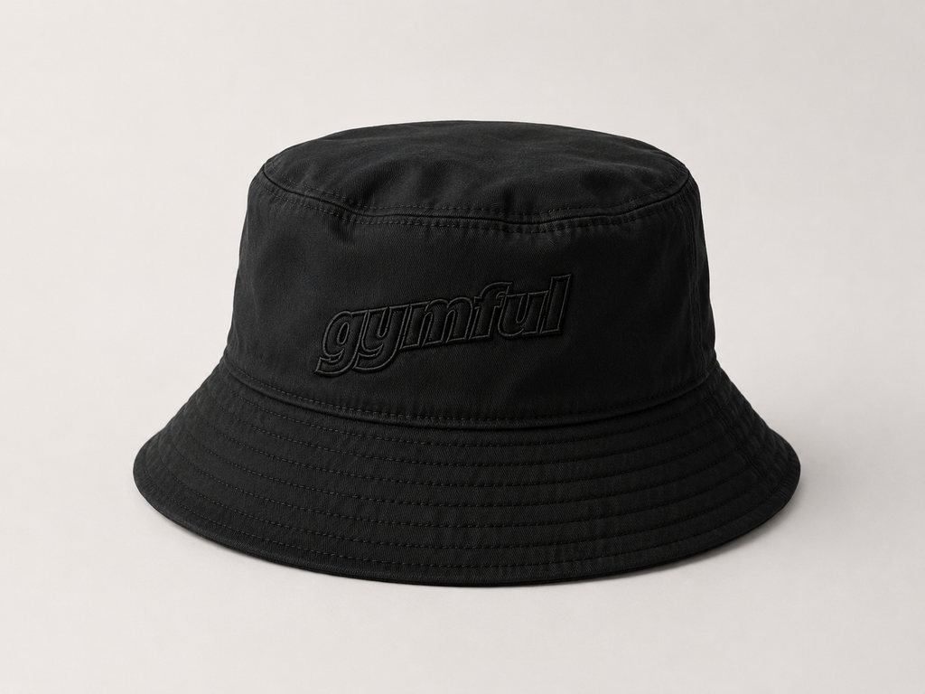 Black Grey GYMFUL Star bucket hat with Black logo embroidery