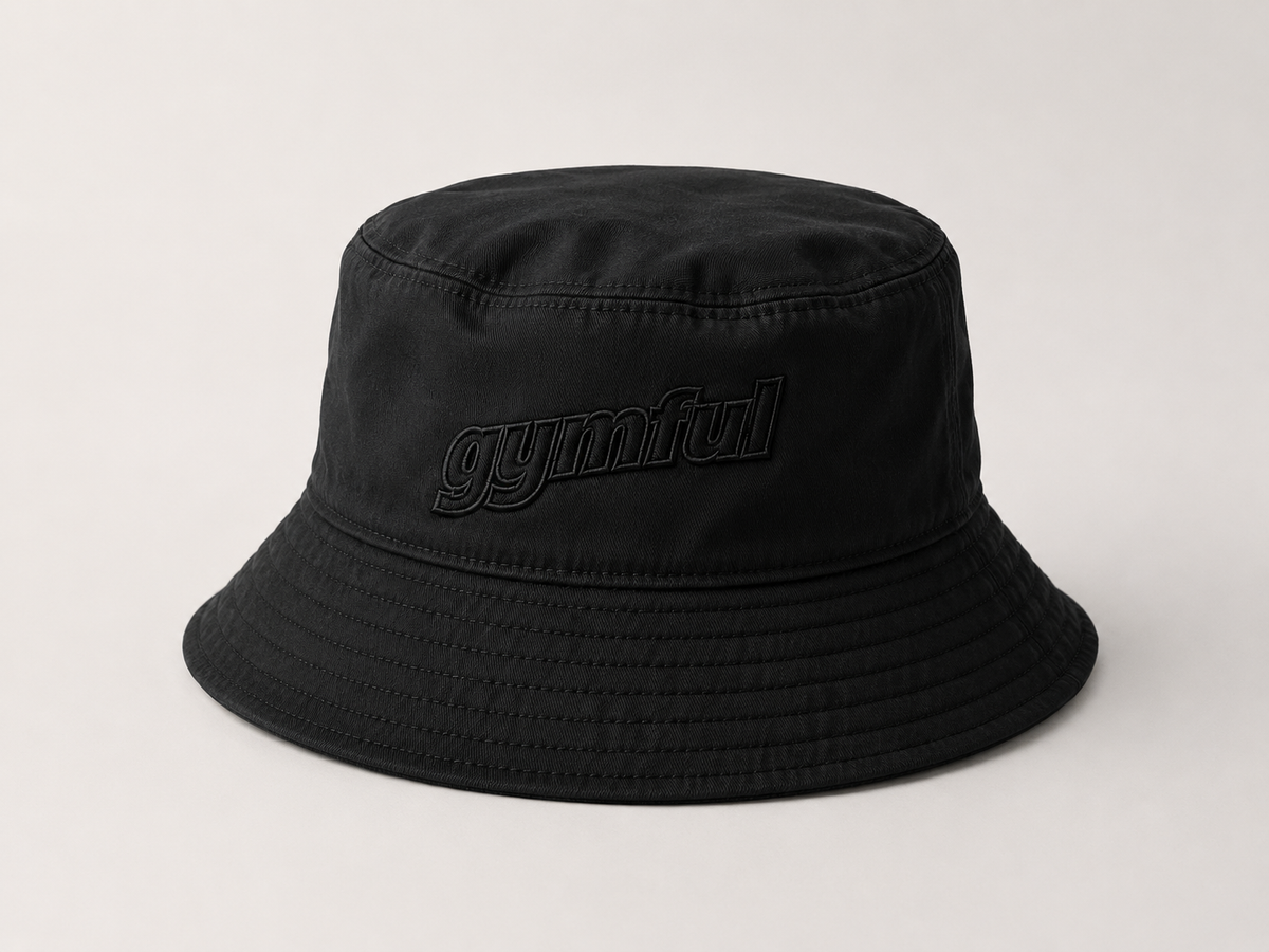 Black Grey GYMFUL Star bucket hat with Black logo embroidery