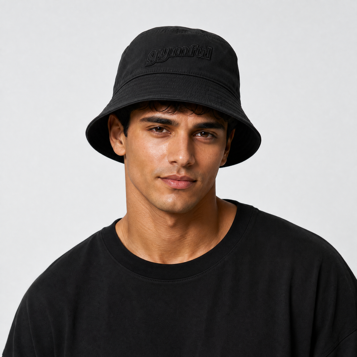 Black Grey GYMFUL Star bucket hat with Black logo embroidery
