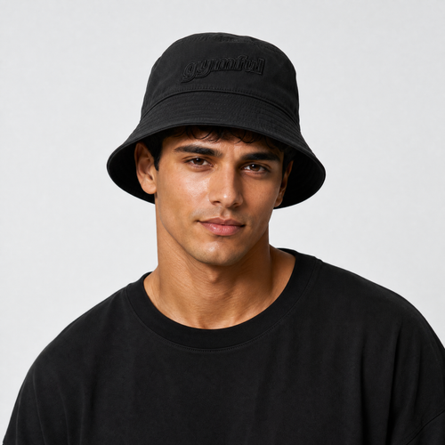 Black Grey GYMFUL Star bucket hat with Black logo embroidery